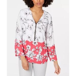 Alfani Womens White & Pink Floral Printed Zip-Front Top Size M